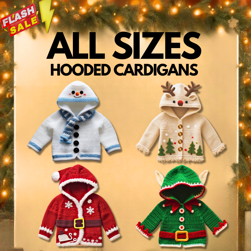 4 in 1 ALL SIZES Christmas Hooded Cardigans  – Crochet Pattern