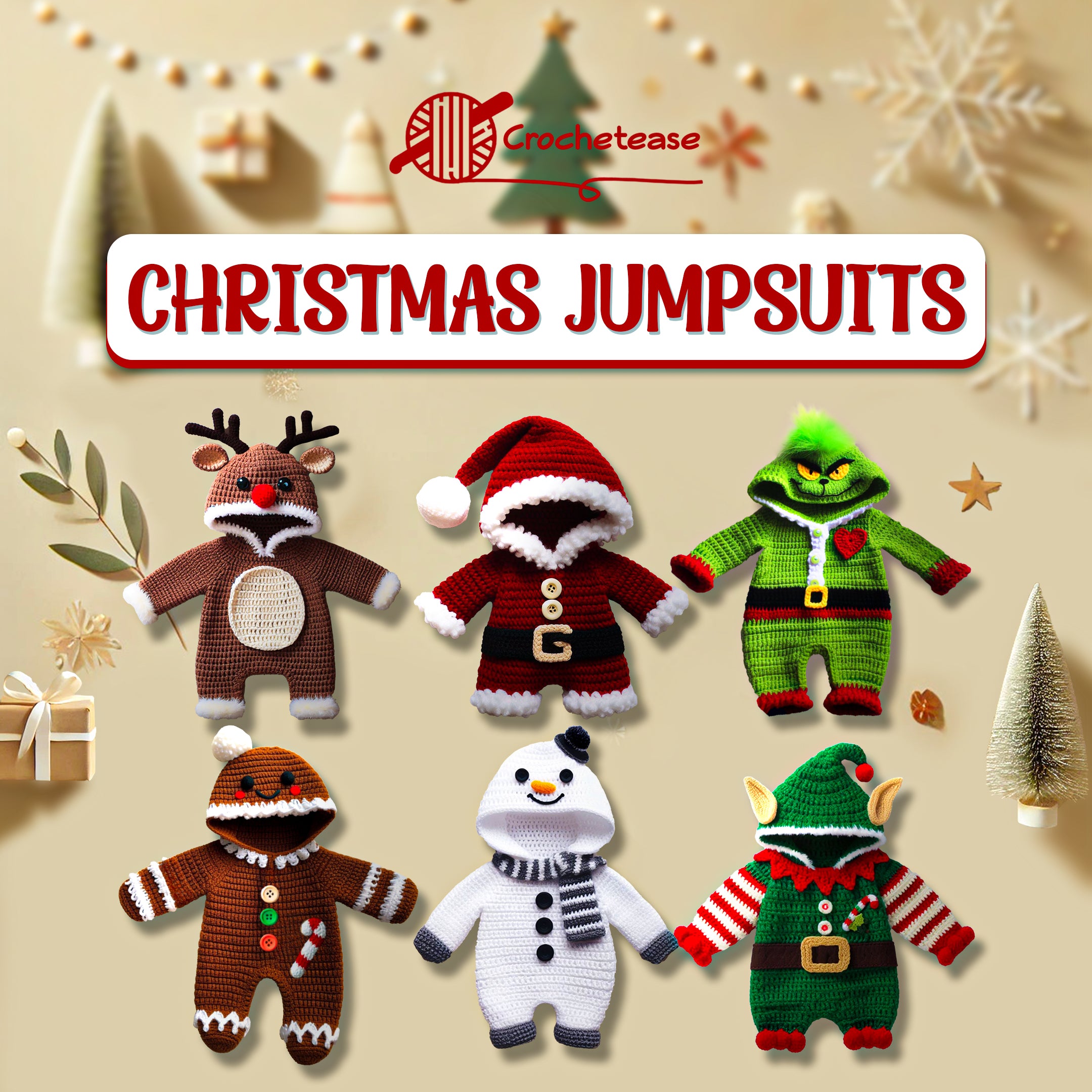 6 in 1 : Mega Christmas Baby Jumpsuits Set  – Crochet Pattern