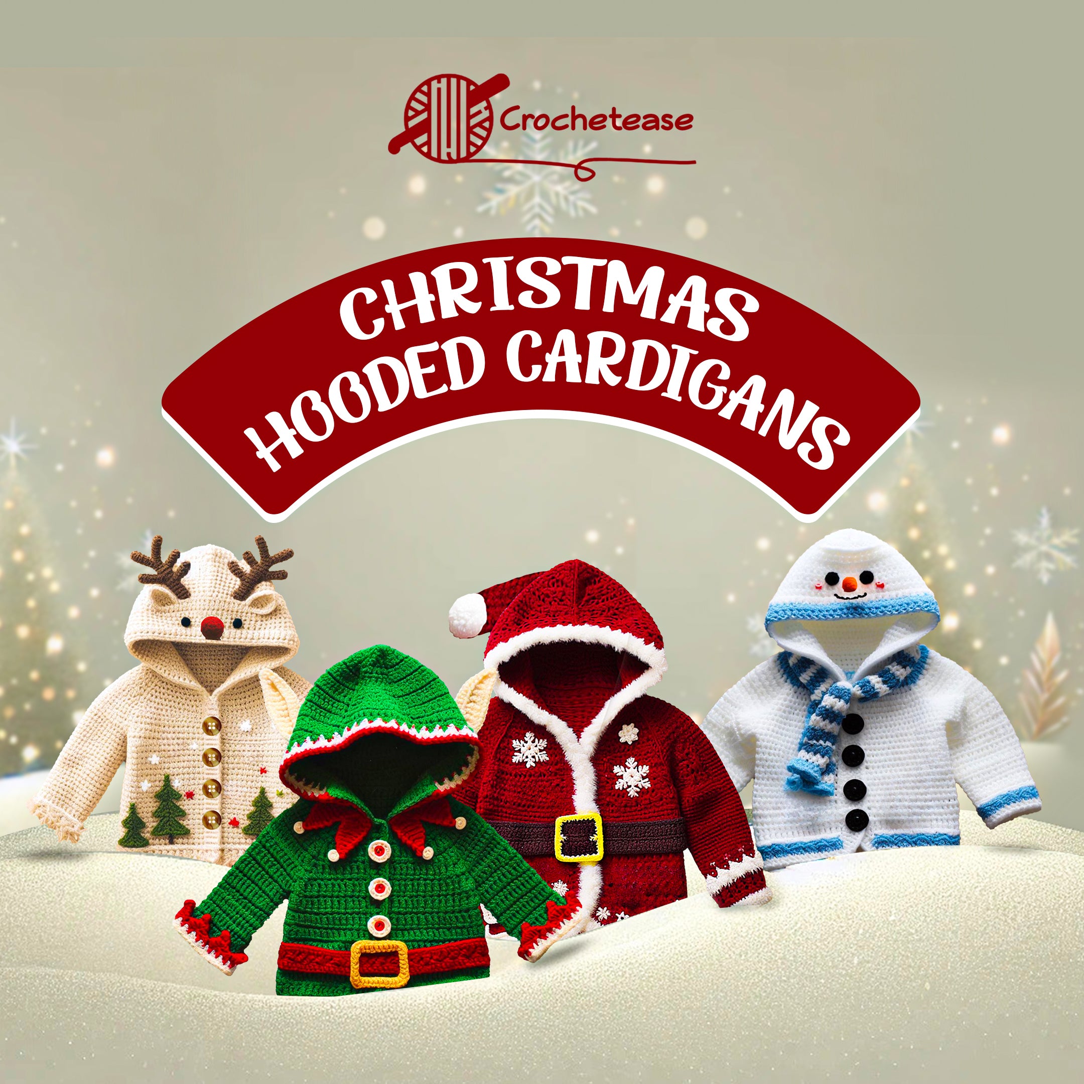 4 in 1 ALL SIZES Christmas Hooded Cardigans  – Crochet Pattern